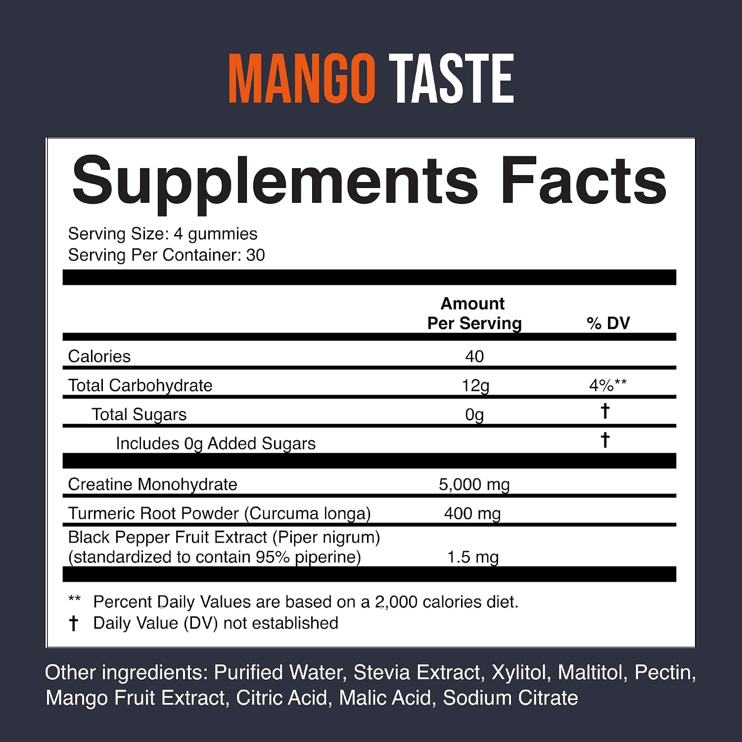 Creatine Monohydrate Gummies 5000 mg per Serving, Mango Flavor, with Turmeric Ro