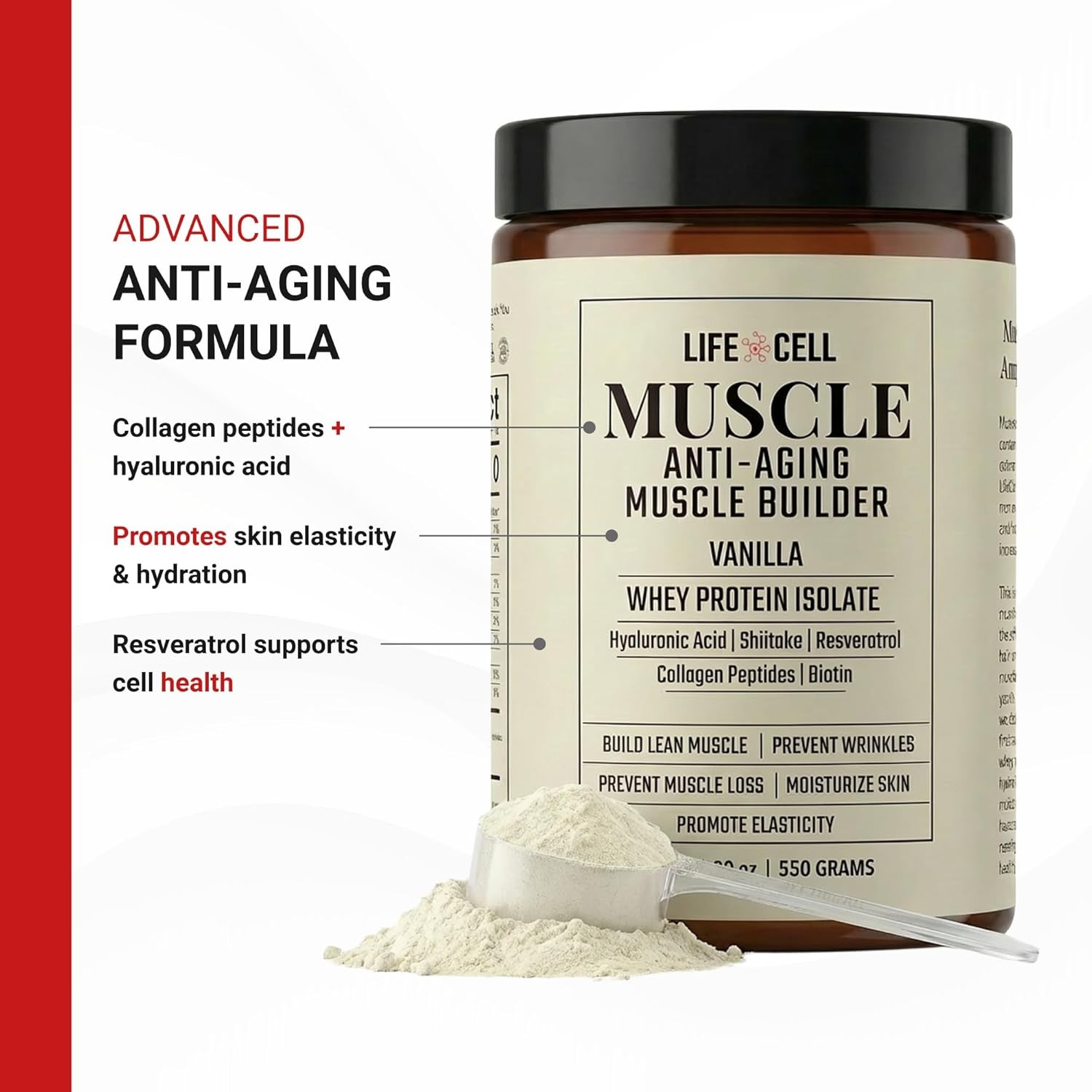 Whey Protein Powder Vanilla 550g Collagen Hyaluronic Acid No Sugar Added
