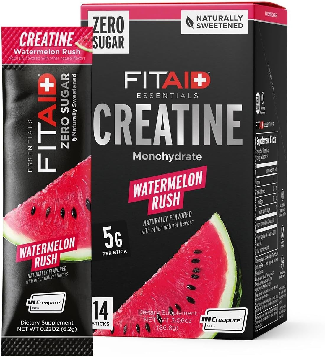 FITAID Creatine Powder, Watermelon Rush, 14 Packets, 14 Servings