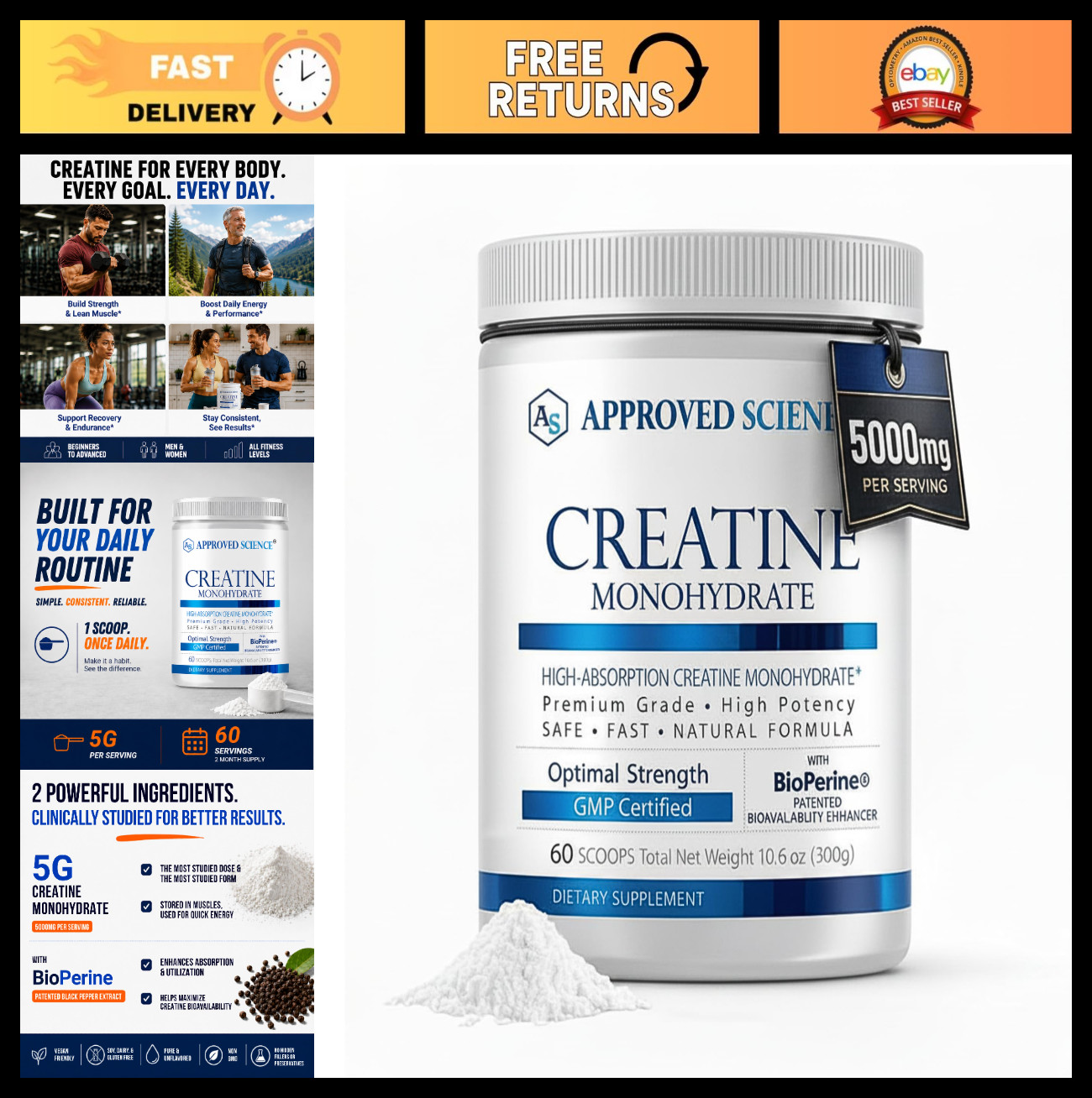 Creatine Monohydrate Powder with BioPerine – Supports Strength & Muscle Recovery