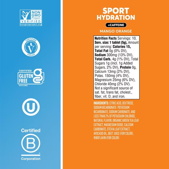 Nuun Sport + Caffeine Electrolytes Hydration Drink Mix Tablets, Mango Orange,10c