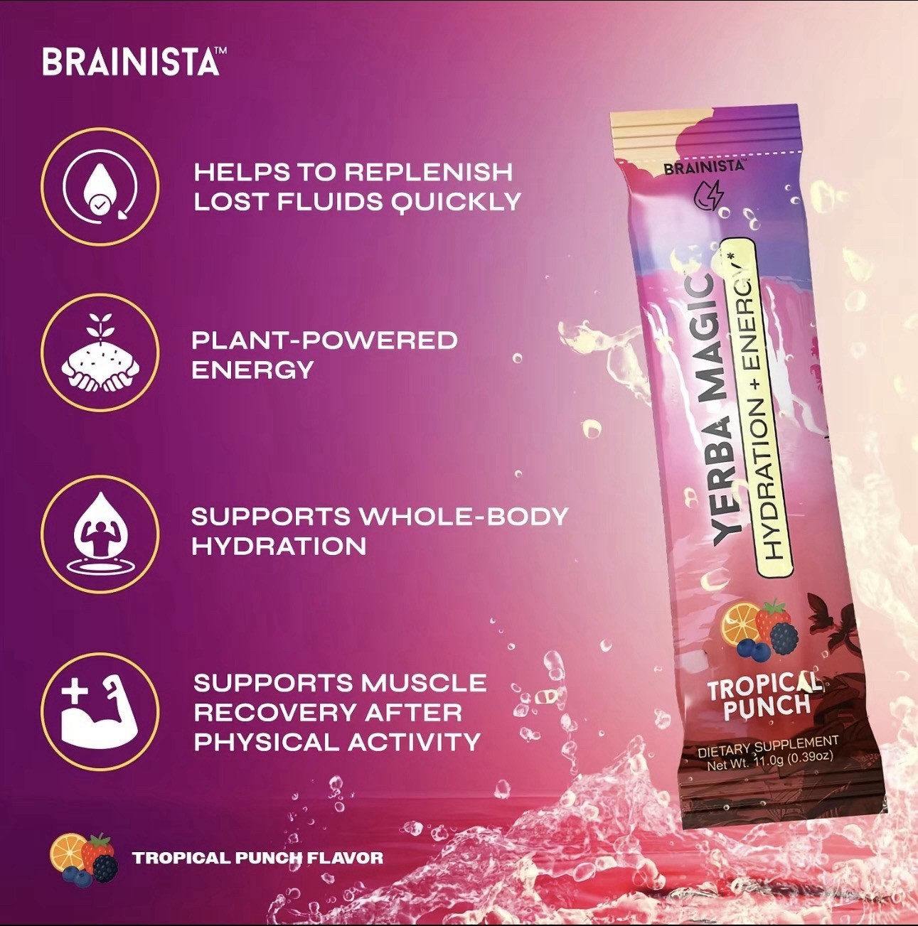 BRAINISTA Yerba Magic Electrolytes Hydration + Energy No Sugar, 20 Packets