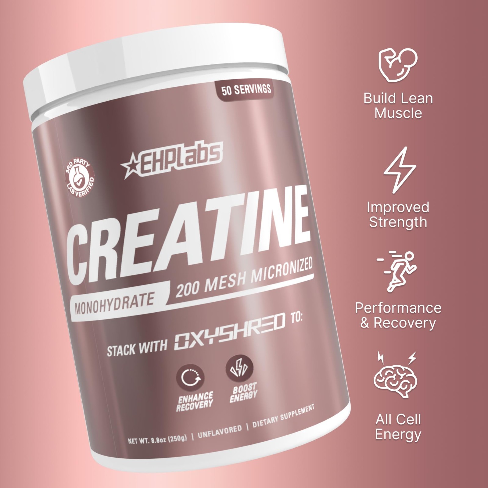 Micronized Creatine Monohydrate Powder, Unflavored, 250g – 50 Servings for Muscl