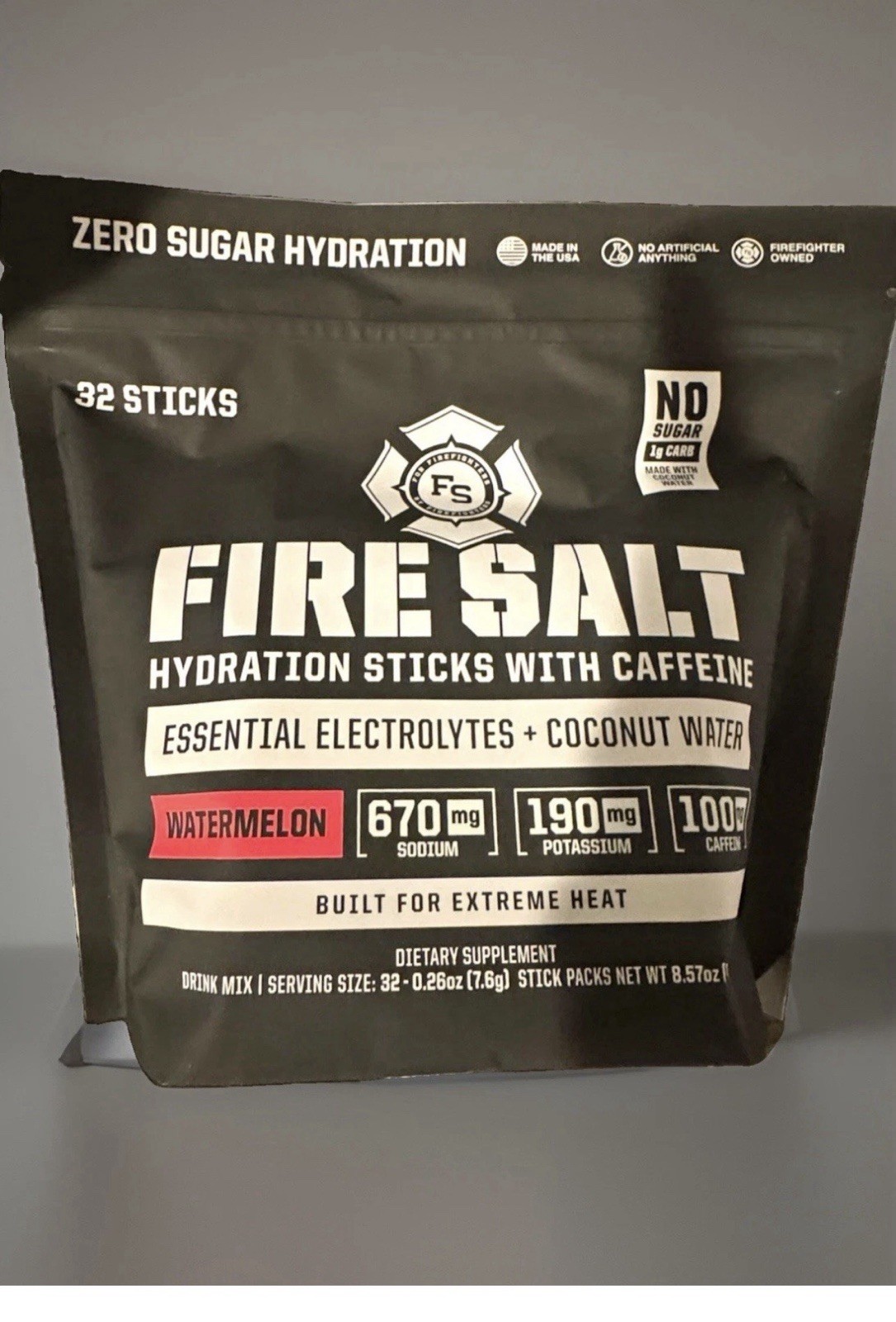 Fire Salt Electrolyte Hydration Powder Sticks Watermelon Sugar-Free Vegan 32ct