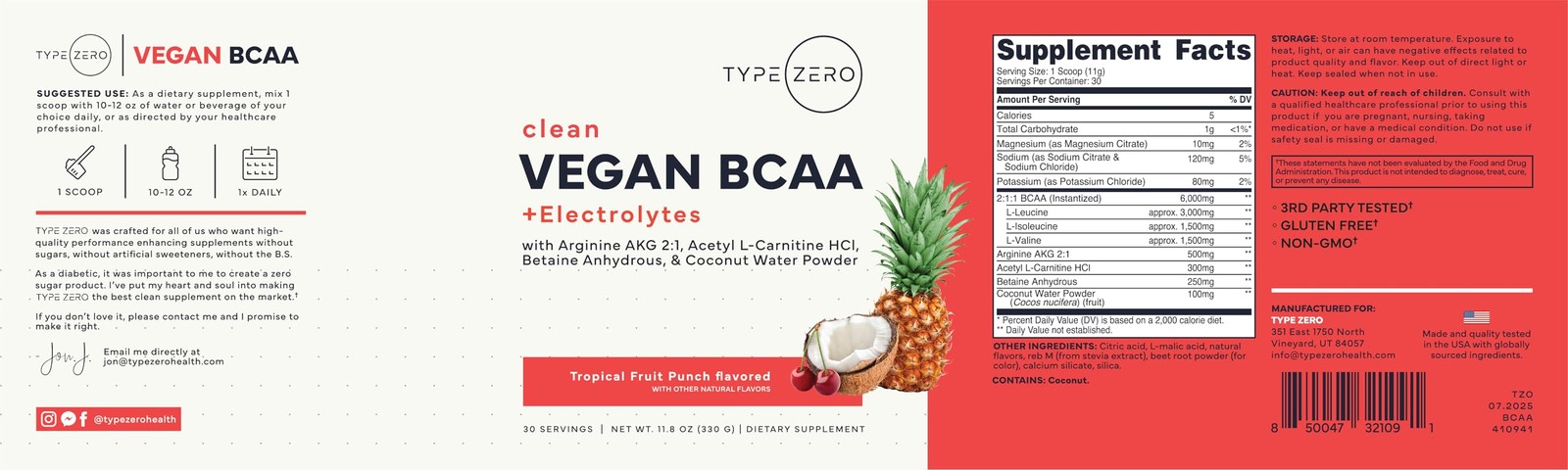 Ultra Clean Vegan BCAA Powder + Electrolytes (Tropical Fruit Punch | 6G) 2:1:…