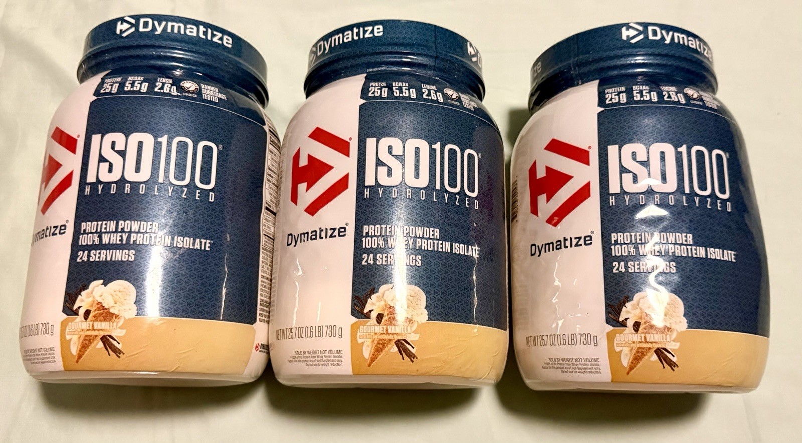 Lot Bundle 3 Pack Dymatize ISO 100 Hydrolyzed Protein Powder Vanilla 5lbs 2190g