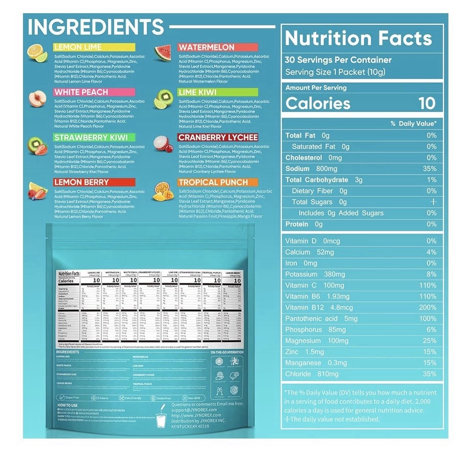 JYNOREX Sugar-Free Electrolytes Powder Drink Mix Variety Pack, 30 Sticks