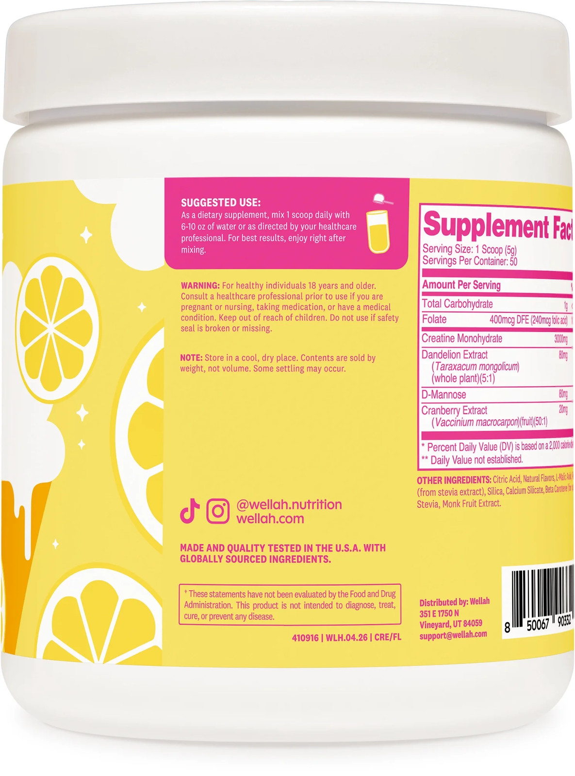 Wellah Creatine for Women (50 Servings, Frozen Lemonade) – Creatine Monohydrate