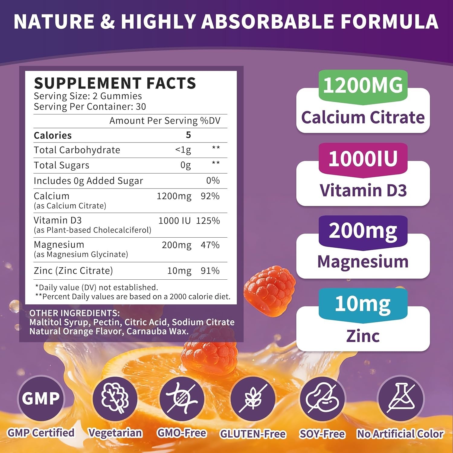 Calcium Citrate 1200 mg Gummies with Vitamin D3 Magnesium Zinc for Women Men