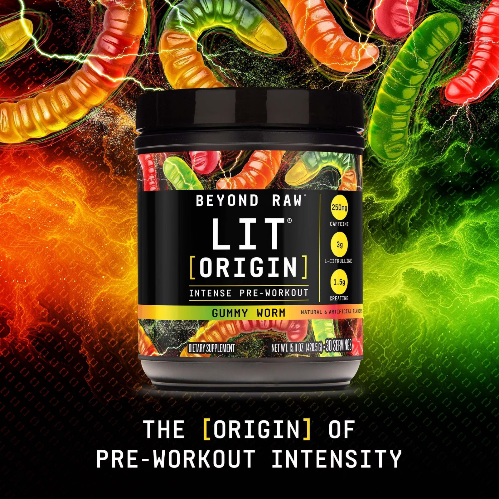 Beyond Raw LIT Origin Pre Workout Powder, Gummy Worm, for Men & Women, Energy