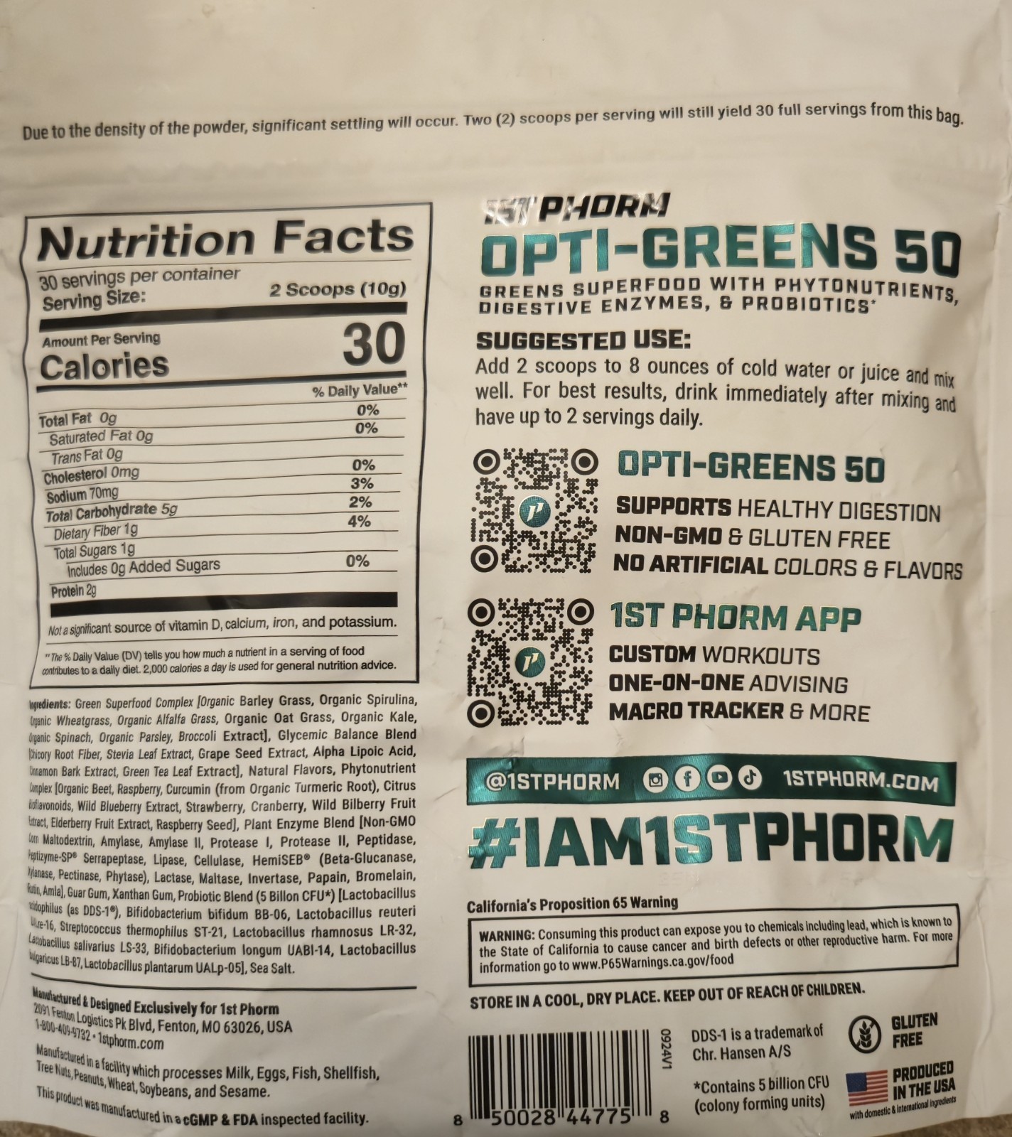 1st Phorm OPTI-GREENS 50 Powder 11 oz ( 30 Serv) Natural Berry Flavor BY 11/26