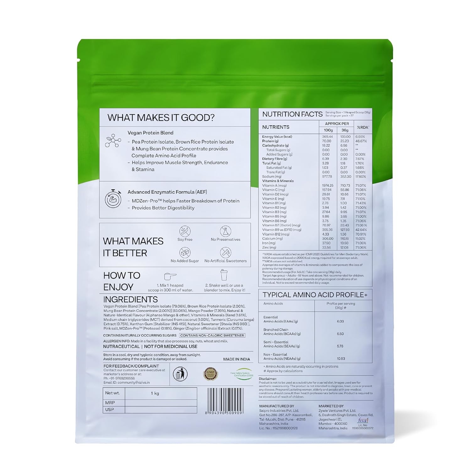 OZiva Bioactive Plant Protein,5.5 BCAA| Pea Isolate| Plant based Protein Powder