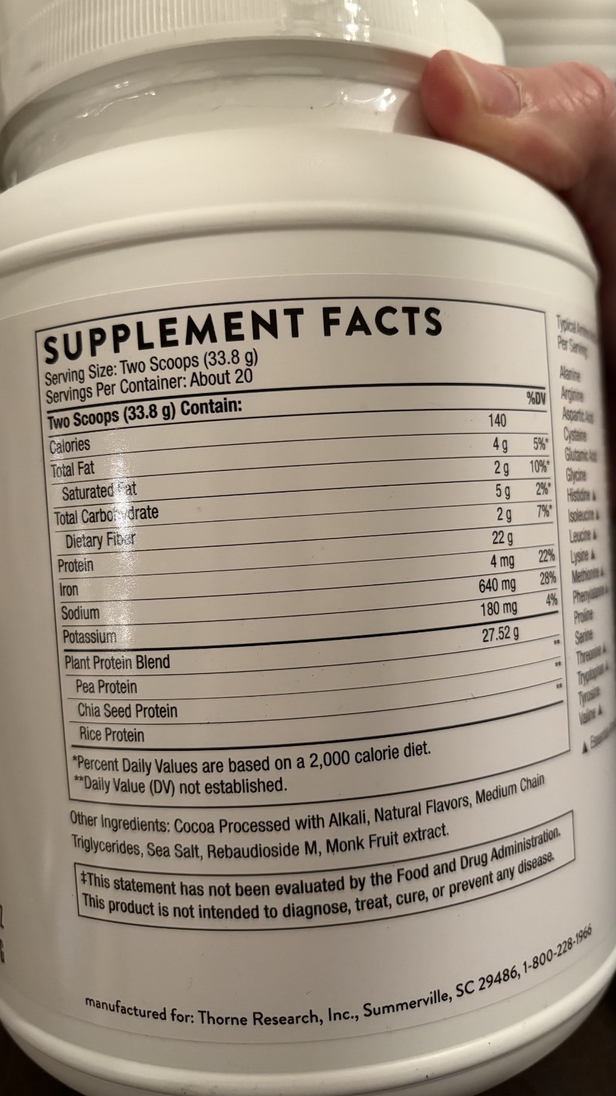Thorne Plant Protein Chocolate Flavored 23.8oz 40 Scoops 20 Servings exp 04/27
