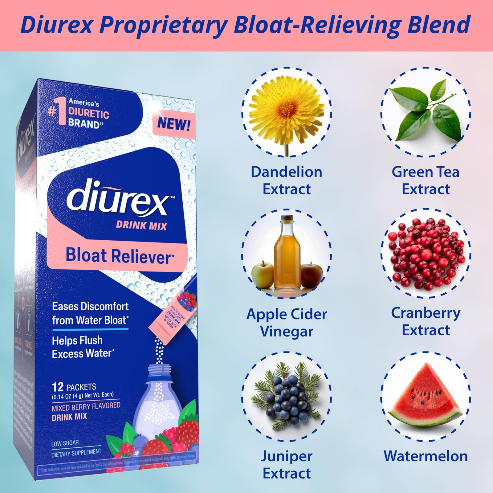 Diurex Drink Mix with Dandelion, Green Tea & ACV Extracts – Mixed Berry…