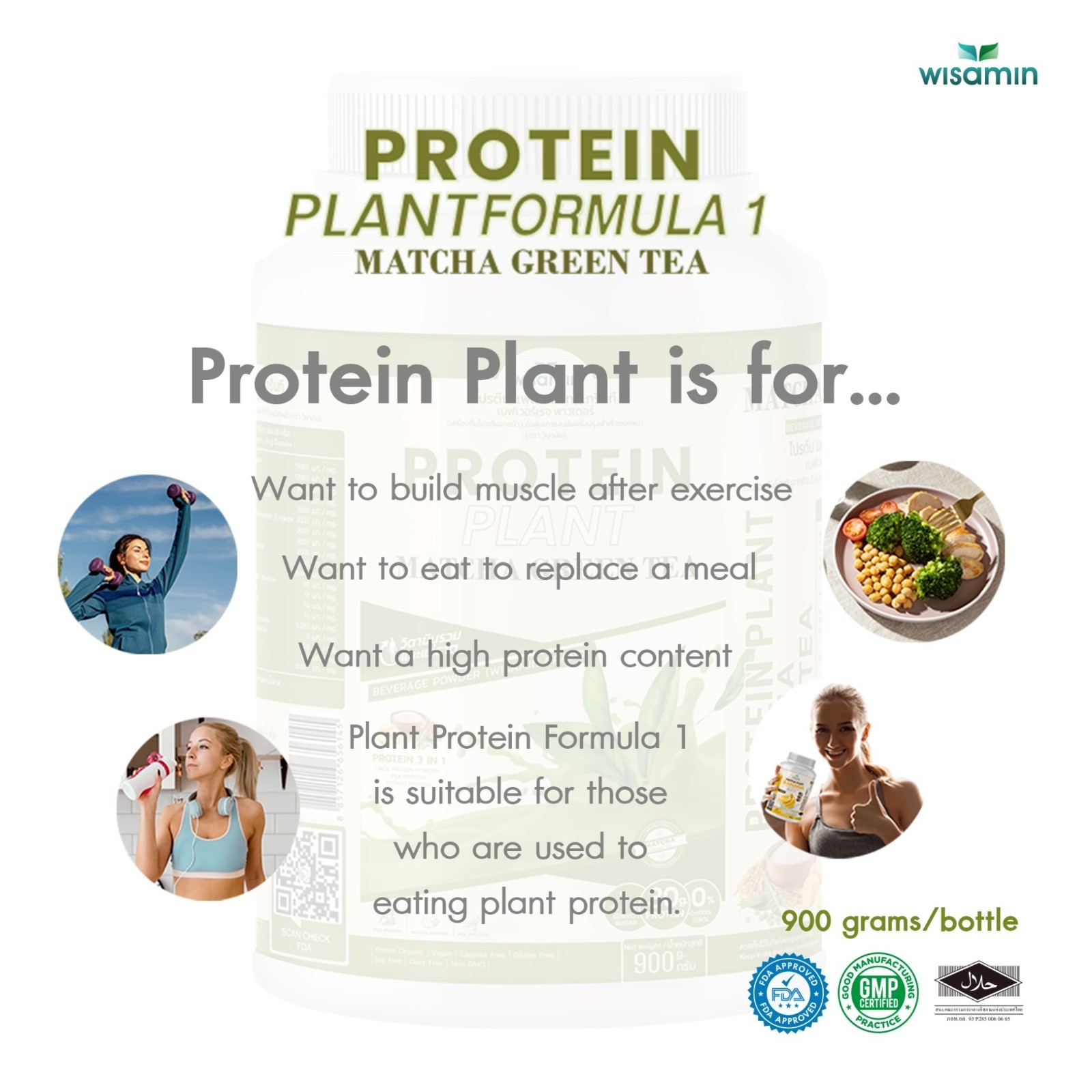 WISAMIN Plant Protein Matcha Flavor 900g | 30g Protein, Organic, Vegan, Non GMO