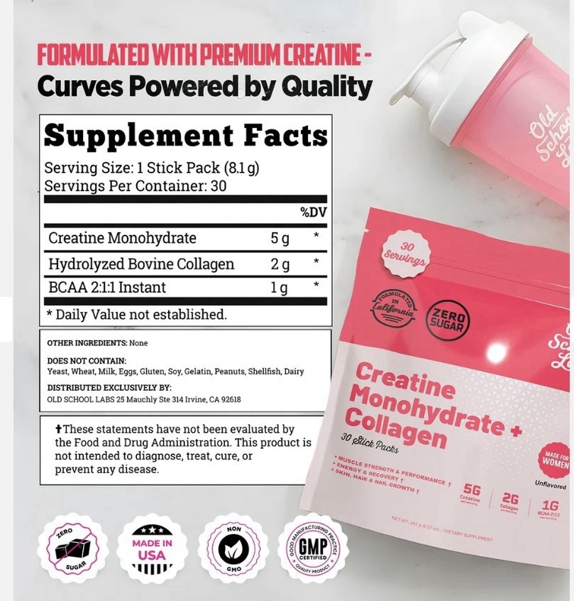 OLD SCHOOL LABS – CREATINE MONOHYDRATE + COLLAGEN STICK PACKS 30CT – FOR WOMEN