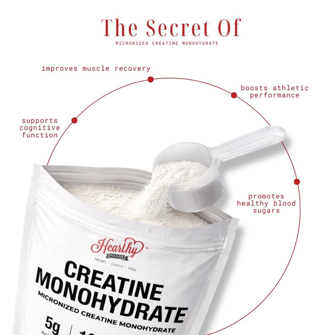 HEARTHY FOODS Creatine Monohydrate Micronized Powder 500G – 100 Servings, 5000mg