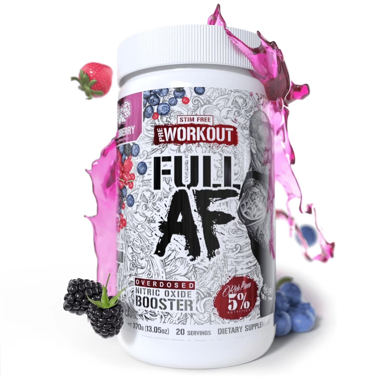 Full AF Pre-Workout Stim-Free Powder Supplement, Caffeine-Free Max Pumps, 20 Ser