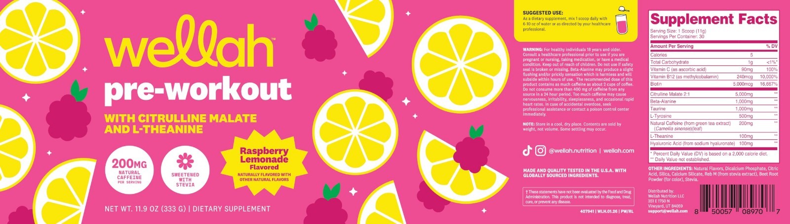 Pre-Workout Drink Mix – Raspberry Lemonade, 30 Servings, Citrulline, Caffeine &