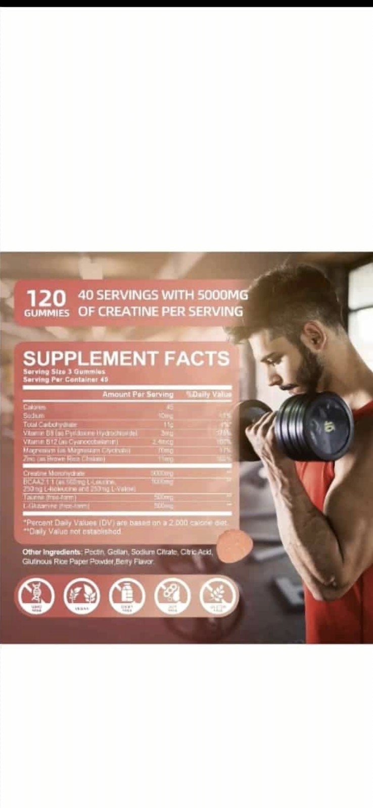 Creatine Monohydrate Gummies 200000mg with Taurine 500mg L-Glutamine,Berry-120ps
