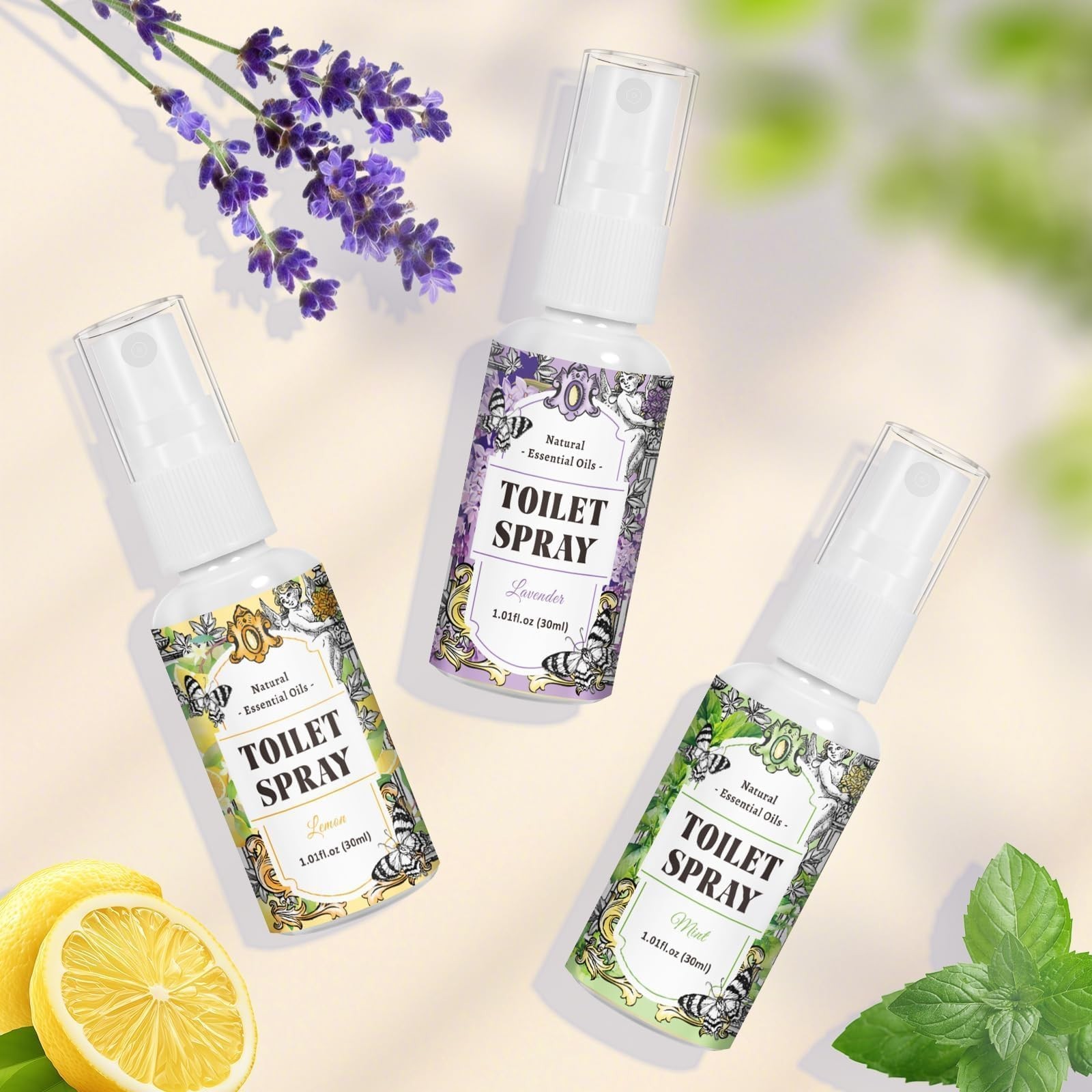 STRN Toilet Spray, 3-Pack Lemon, Mint & Lavender Natural Scent, Portable Inst…