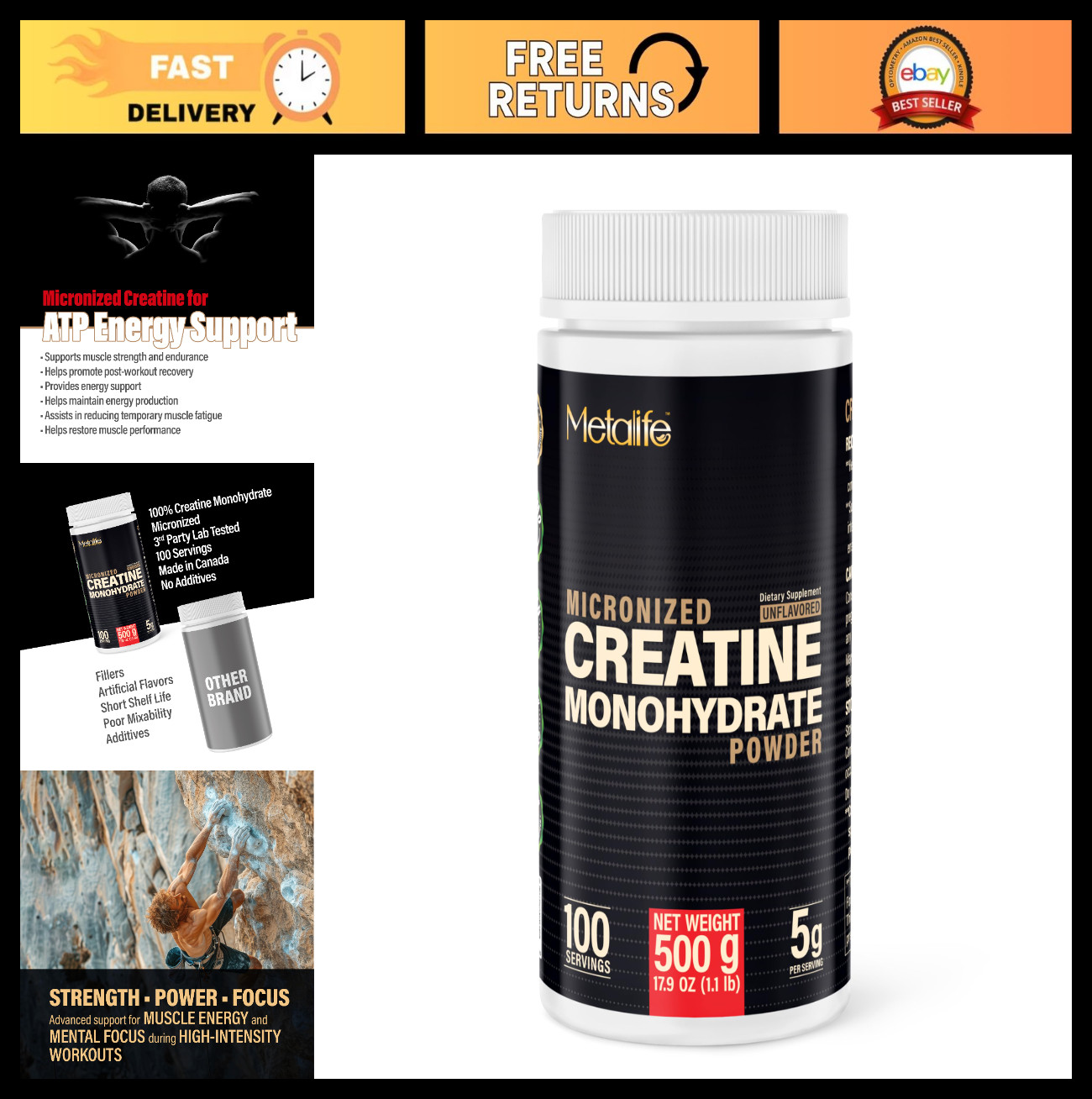 100% Pure Micronized Creatine Monohydrate Powder, 100 Servings, Vegan, Muscle Gr
