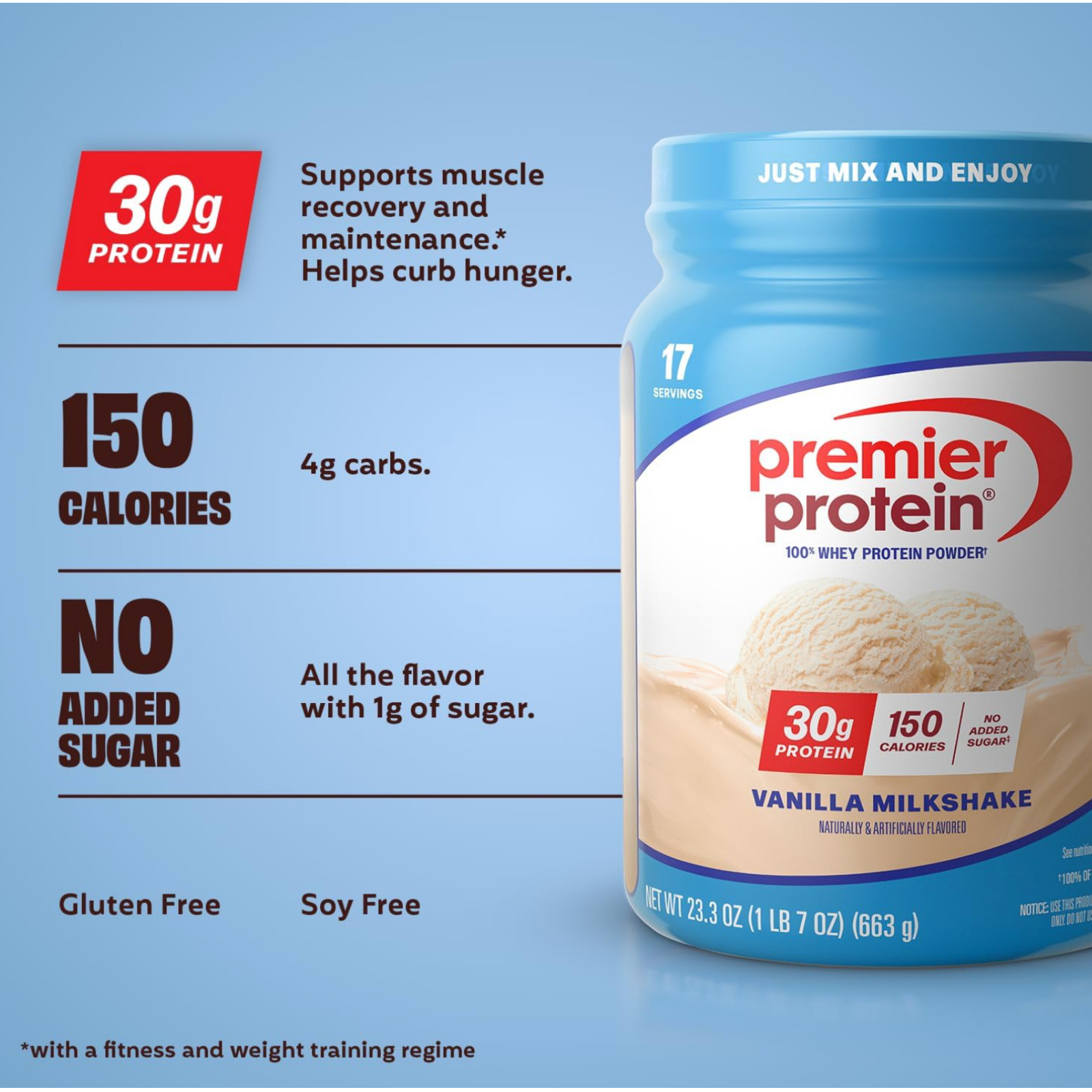 Premier Protein Powder, Vanilla Milkshake 30g Protein 1g Sugar 100% Whey Protein