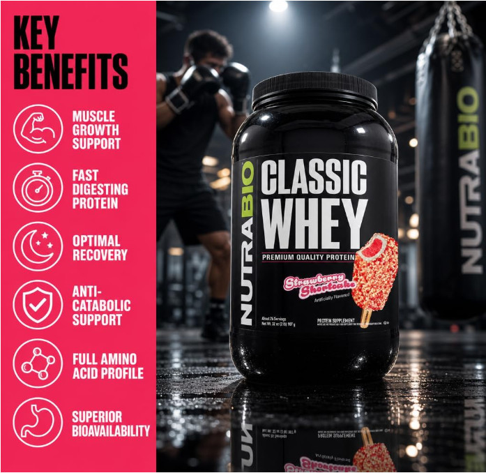 NutraBio Classic Whey Protein Powder, Strawberry Shortcake, 2 lb, 25g Protein