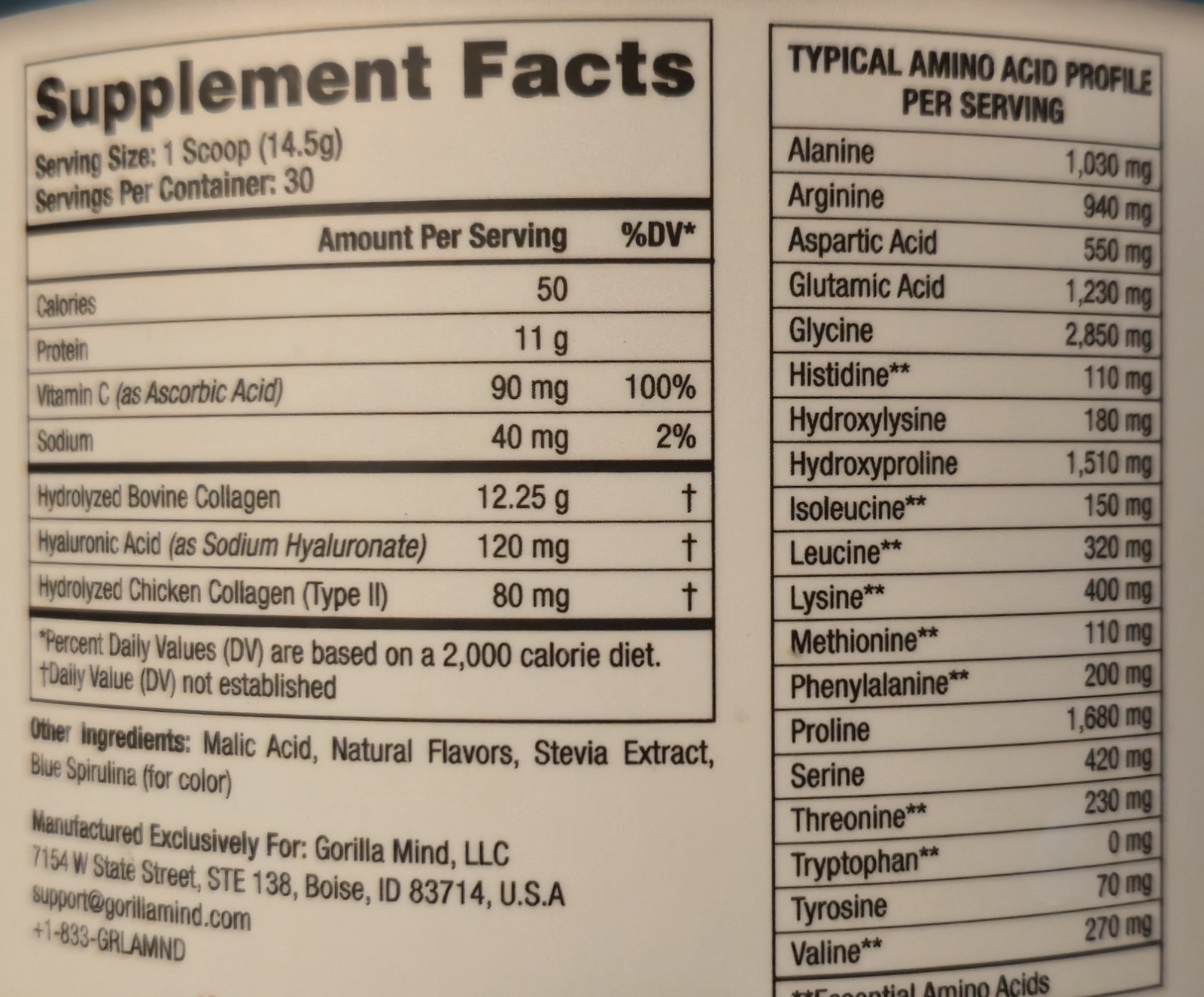 Gorilla Minds COLLAGEN PEPTIDES 1.5 lb (30 Serv) Na Blue Raspberry BEST BY 12/26
