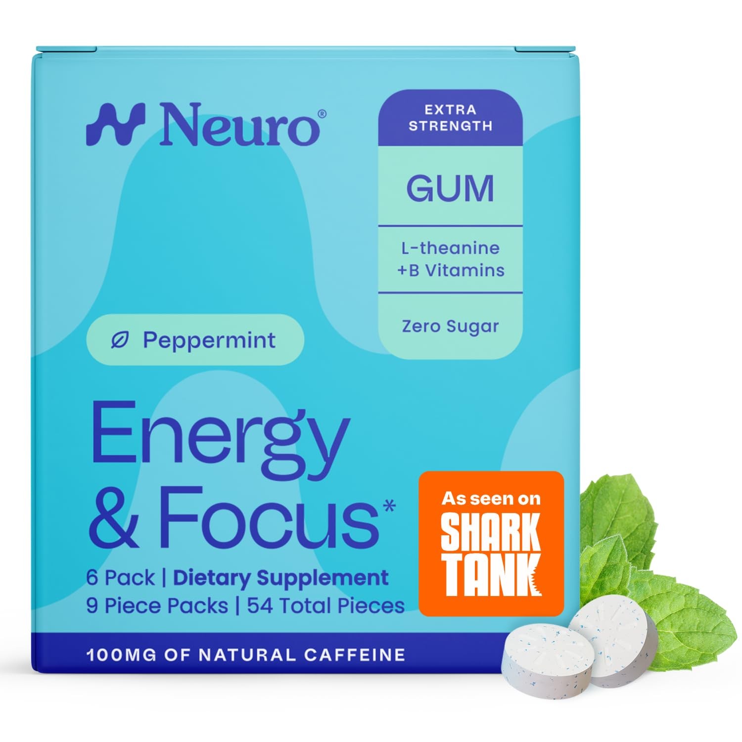 Neuro Energy & Focus Gum, Extra Strength – 9 Count (Pack of 6), Peppermint
