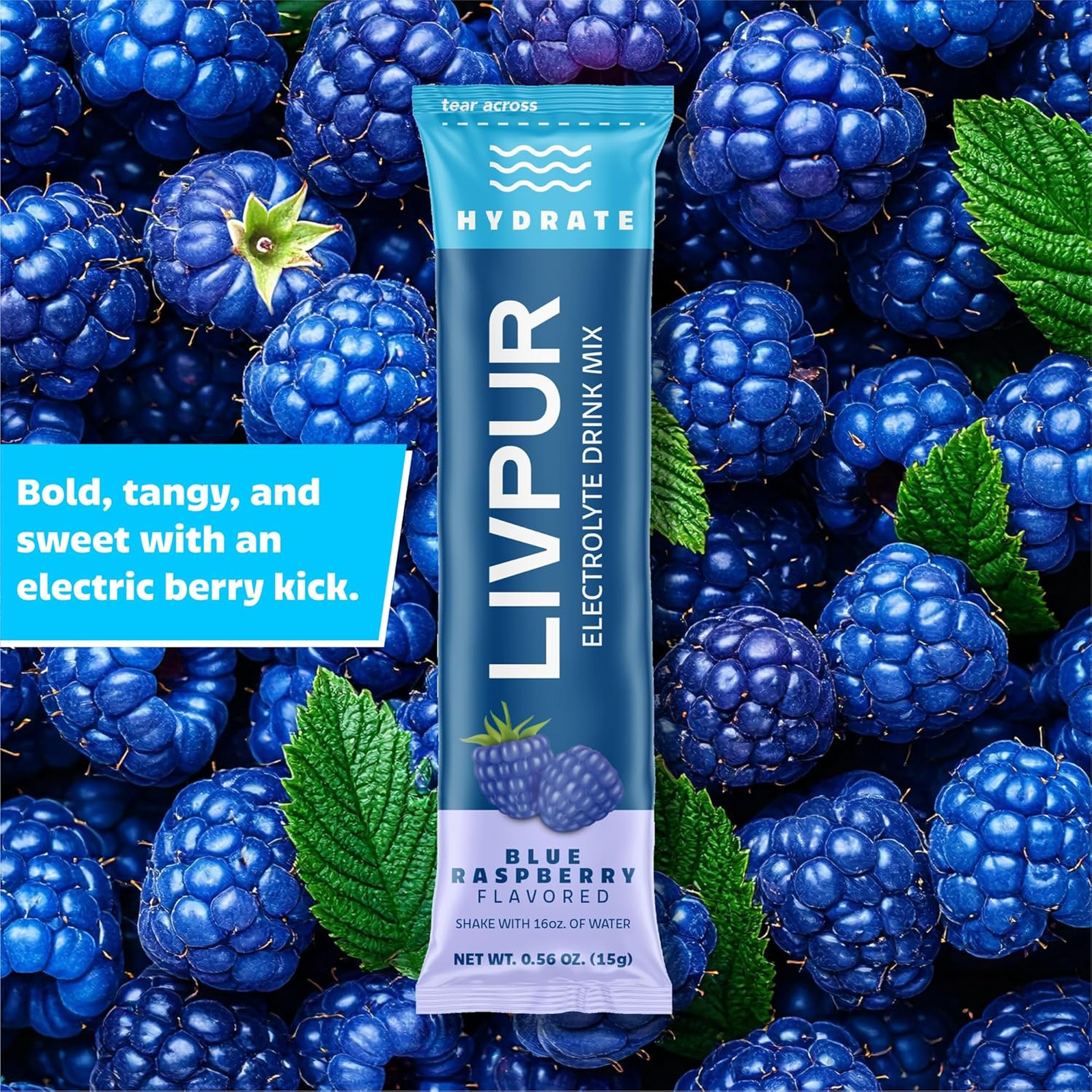 Electrolyte Hydration Powder Blue Raspberry 15 Sticks Sports Drink Mix with