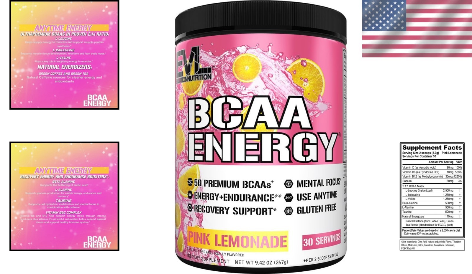 Natural Caffeine BCAA Energy Supplement – 30 Servings, Pink Lemonade Delight