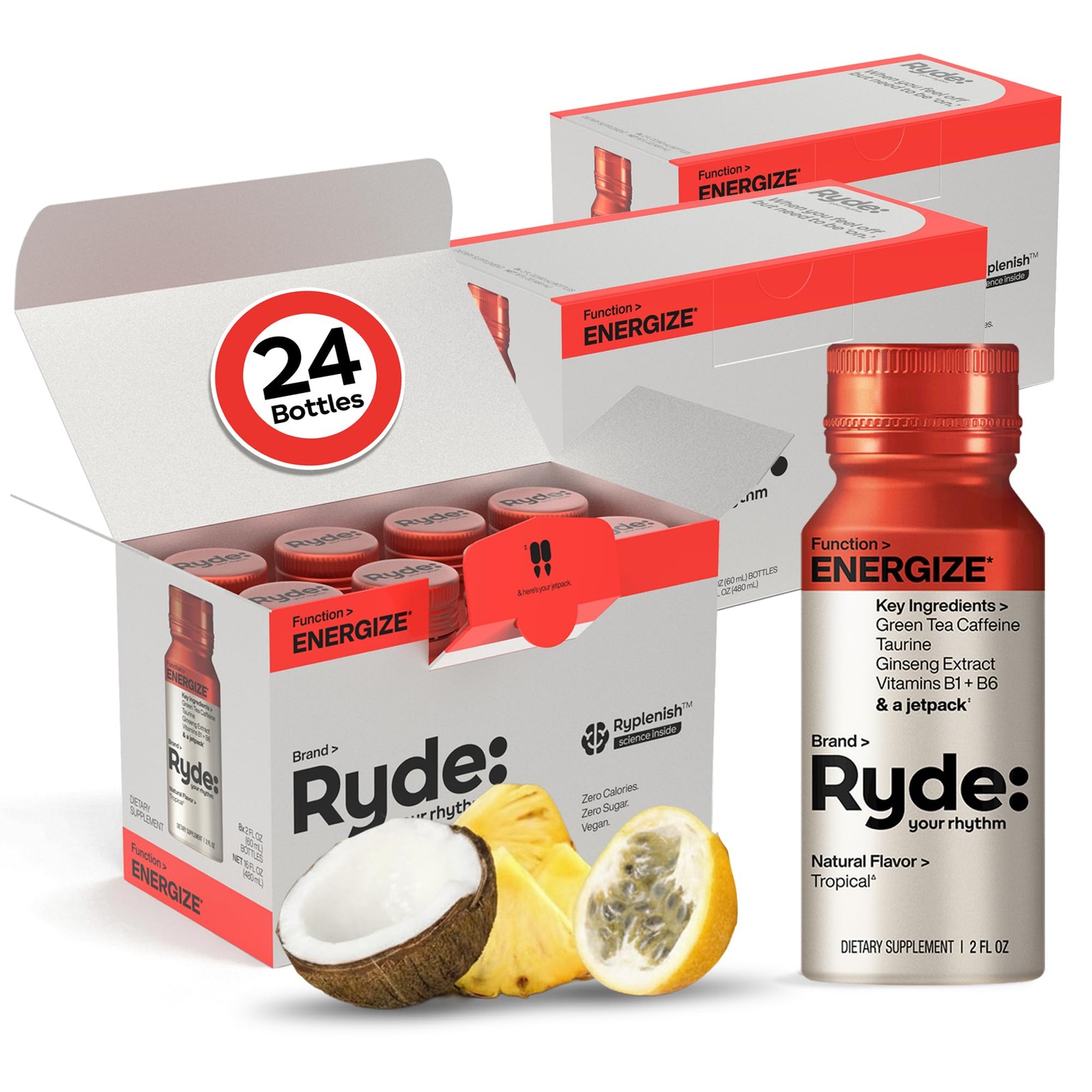 Ryde: Energy Shot, 0 Calories, 0 Sugar, Green Tea 2 Fl Oz (Pack of 24)