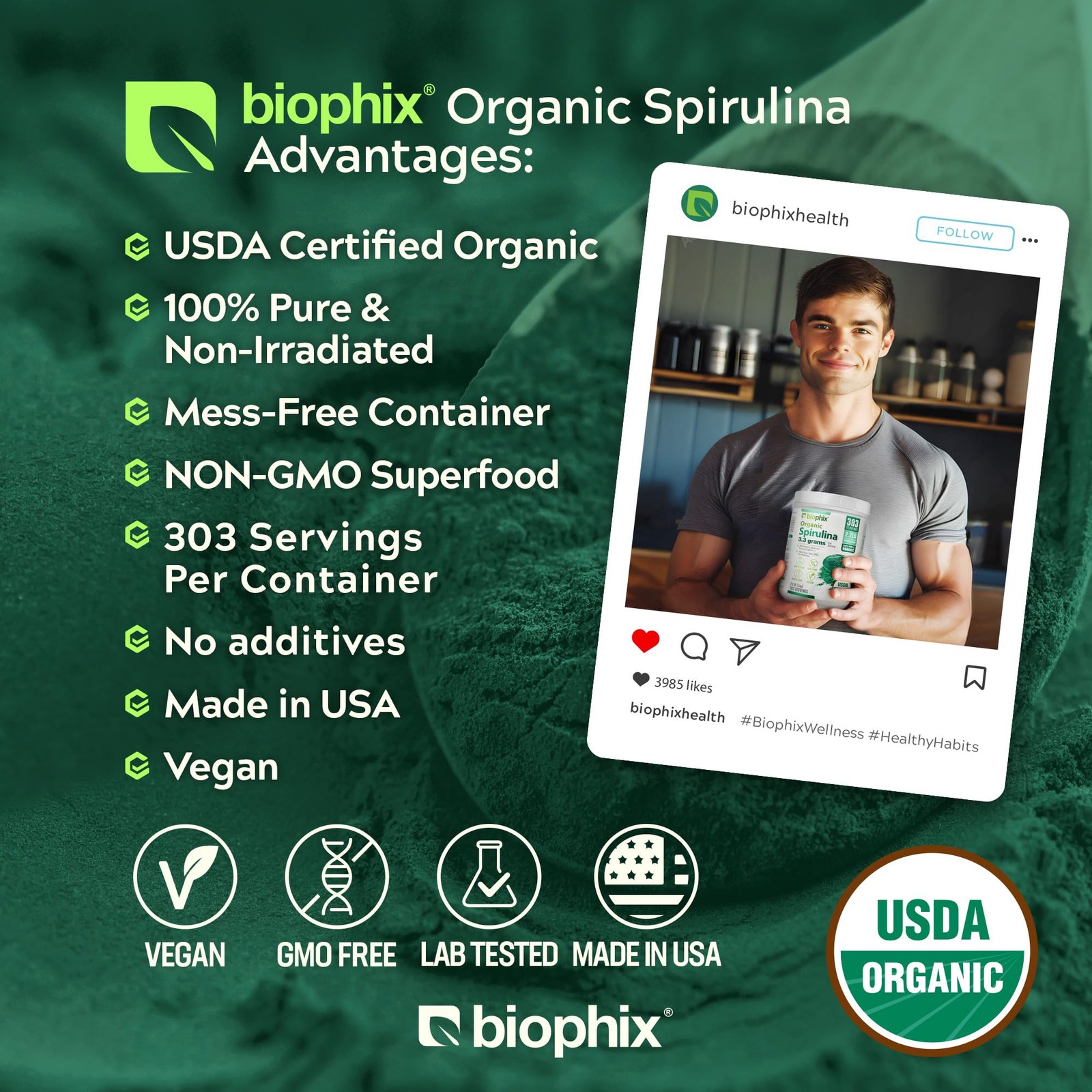 biophix Organic Spirulina Powder, 2.2 Lbs 100% Pure 35.2 Ounce (Pack of 1)