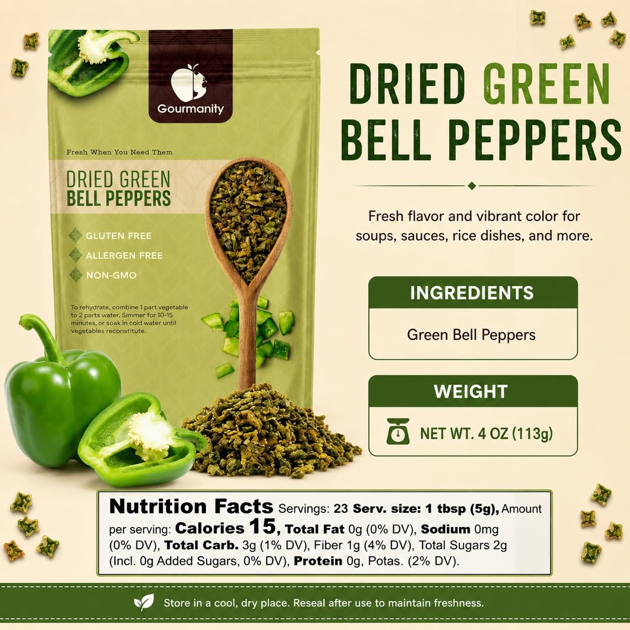 Dried Green Bell Peppers, Diced, 4 oz Resealable Bag