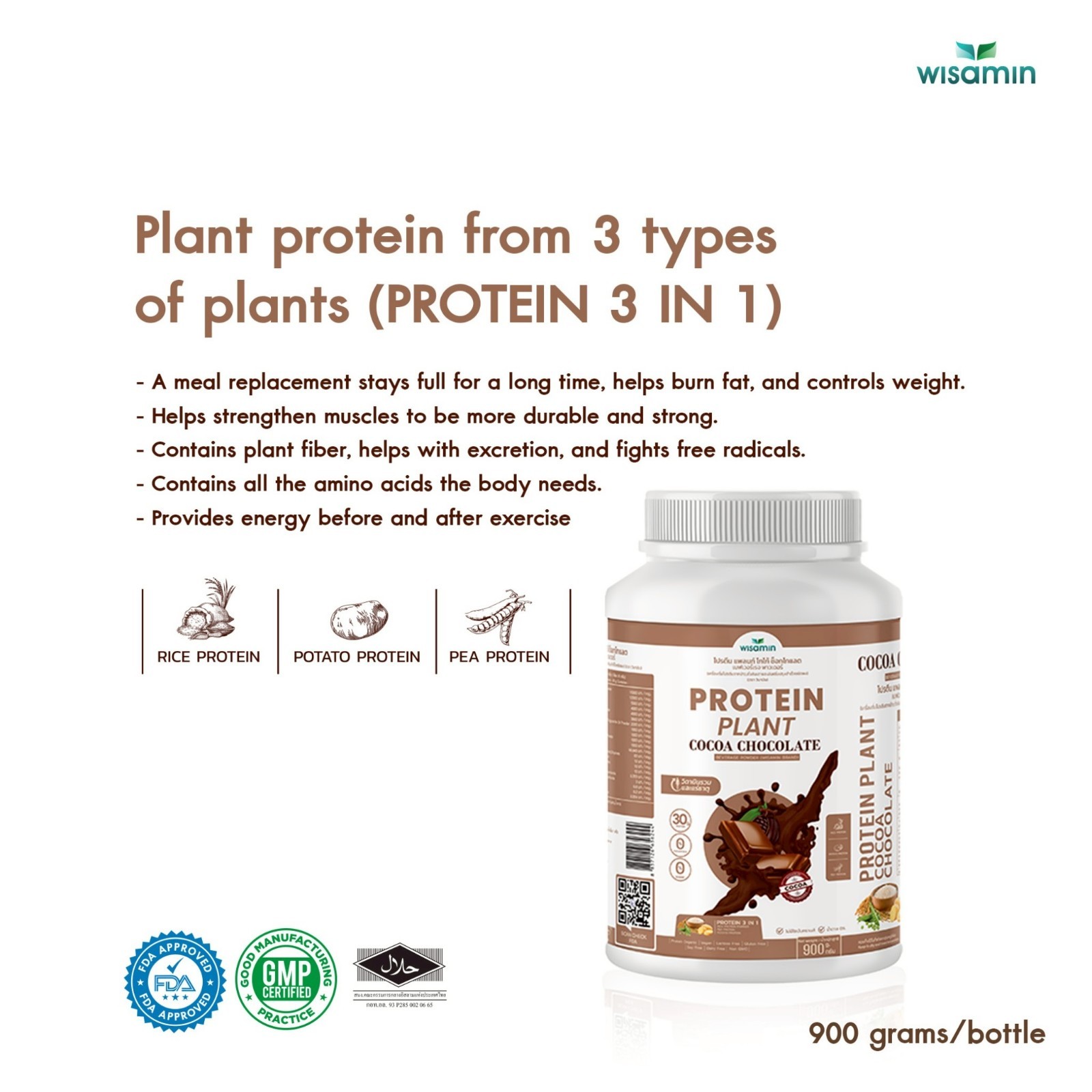 WISAMIN Plant Protein Cocoa Flavor 900g | 30g Protein, Organic, Vegan, No Sugar