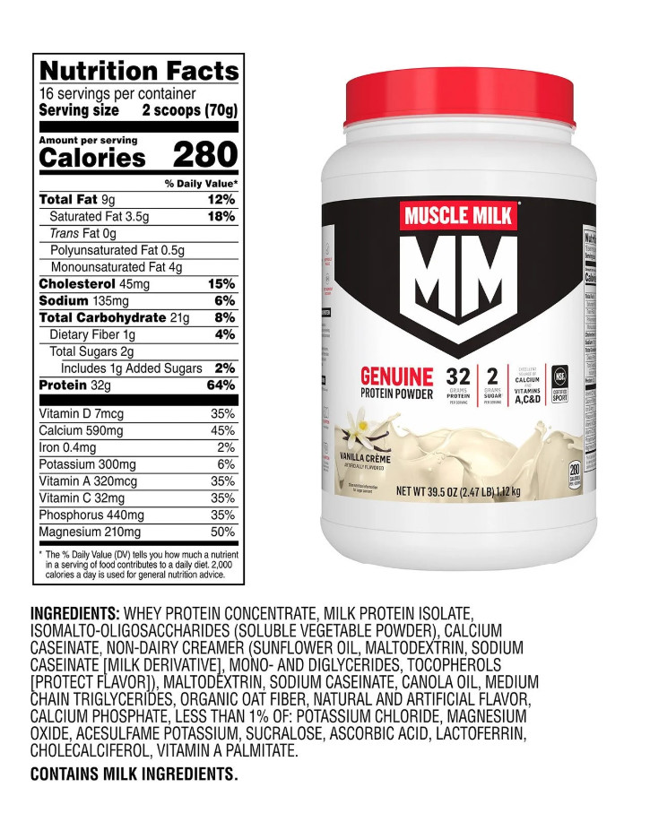 Muscle Milk Genuine 32g Whey Protein Powder, Vanilla Cream, 2.47 lbs.