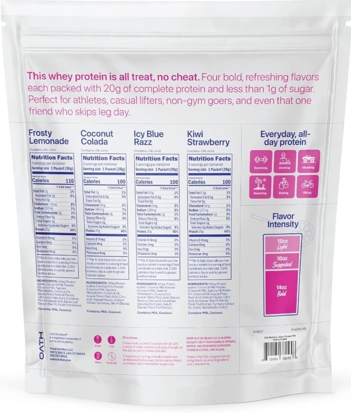Oath Nutrition Clear Whey Protein Drink Mix 12 Variety Pack 20g Protein Each Gym