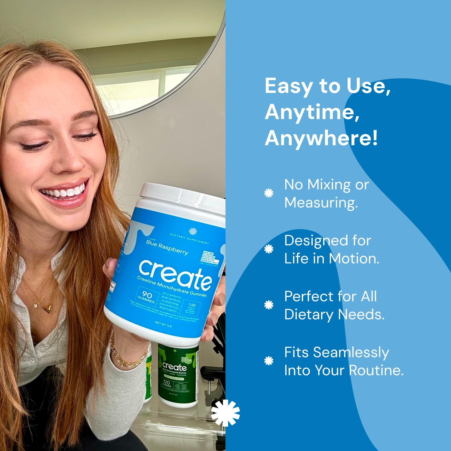 Create Creatine Gummies 1.5g Focus Strength Endurance Vegan Blue Raspberry 90ct