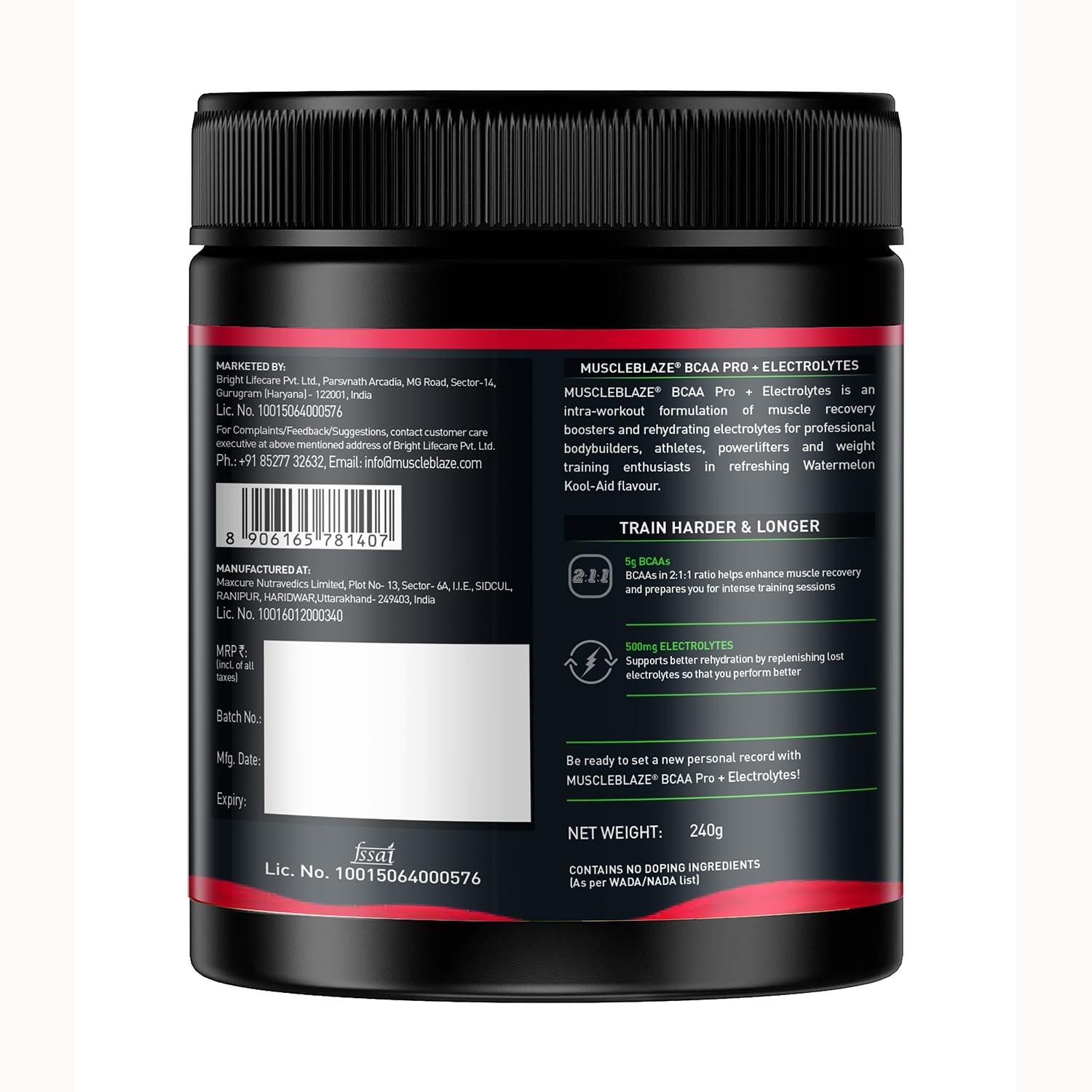 BCAA Pro Powder, Powerful Intra Workout (Watermelon Kool Aid, 240g, 30 Servings)