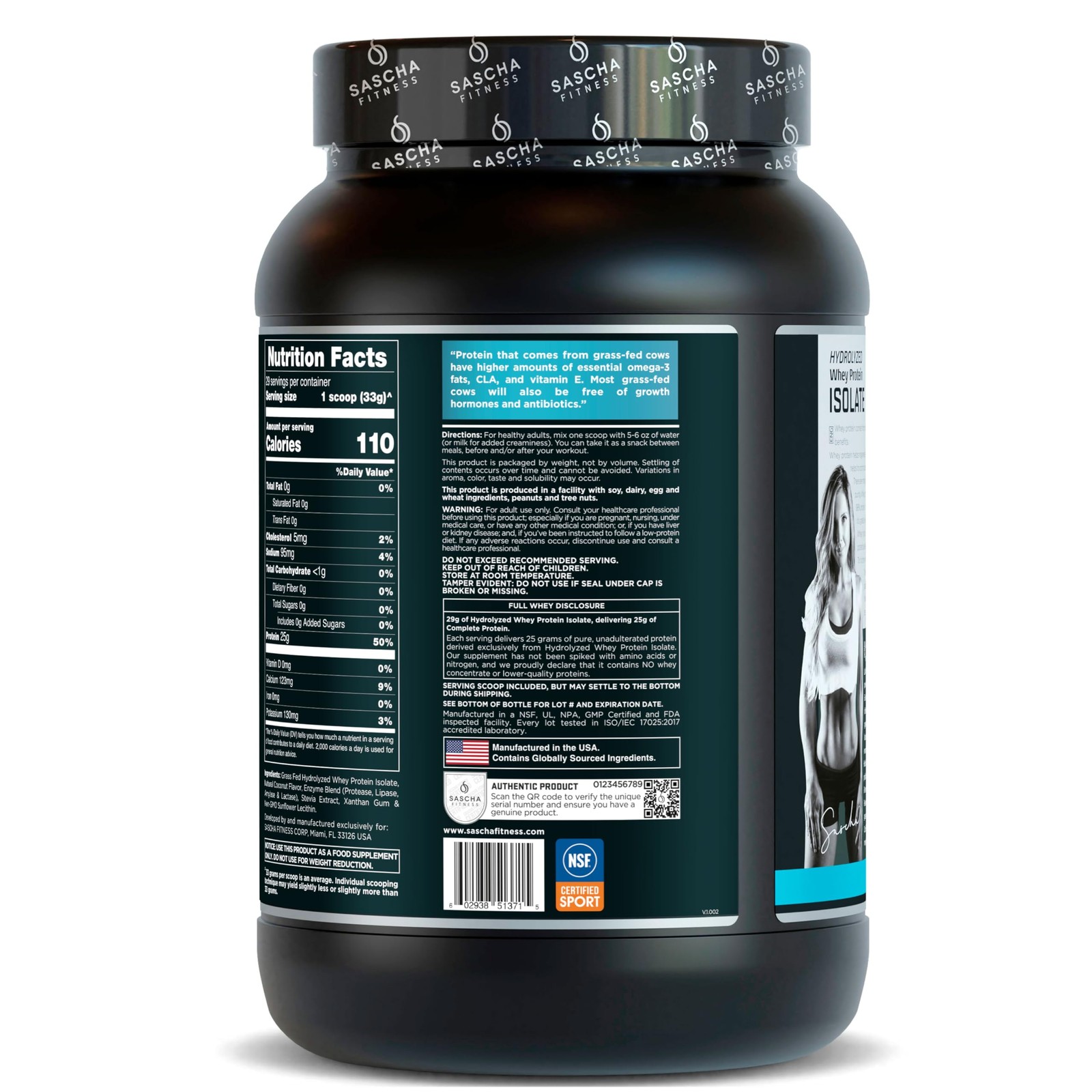 SASCHA FITNESS Hydrolyzed Whey Protein Isolate,100% Grass-Fed (2 Pounds, Coconut