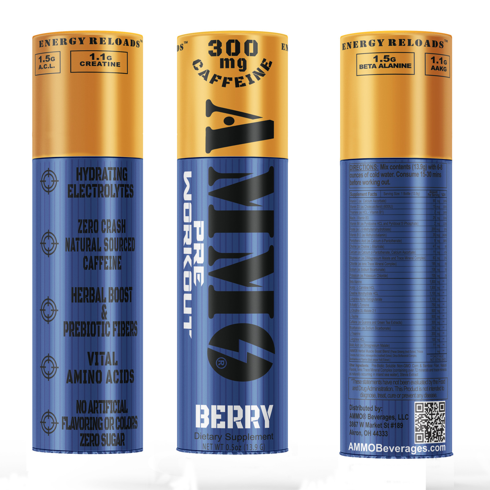 AMMO Energy Reloads Berry Single Shot 12ct pre workout 300mg Caffeine Zero Sugar