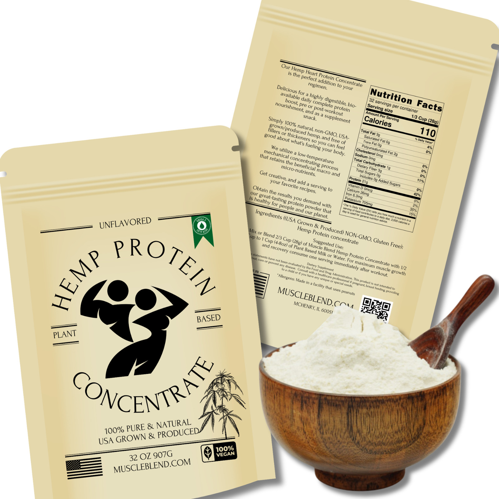 Muscle Blend Raw Hemp Protein Concentrate, 32 oz, Plain-Unflavored, Non-GMO, USA