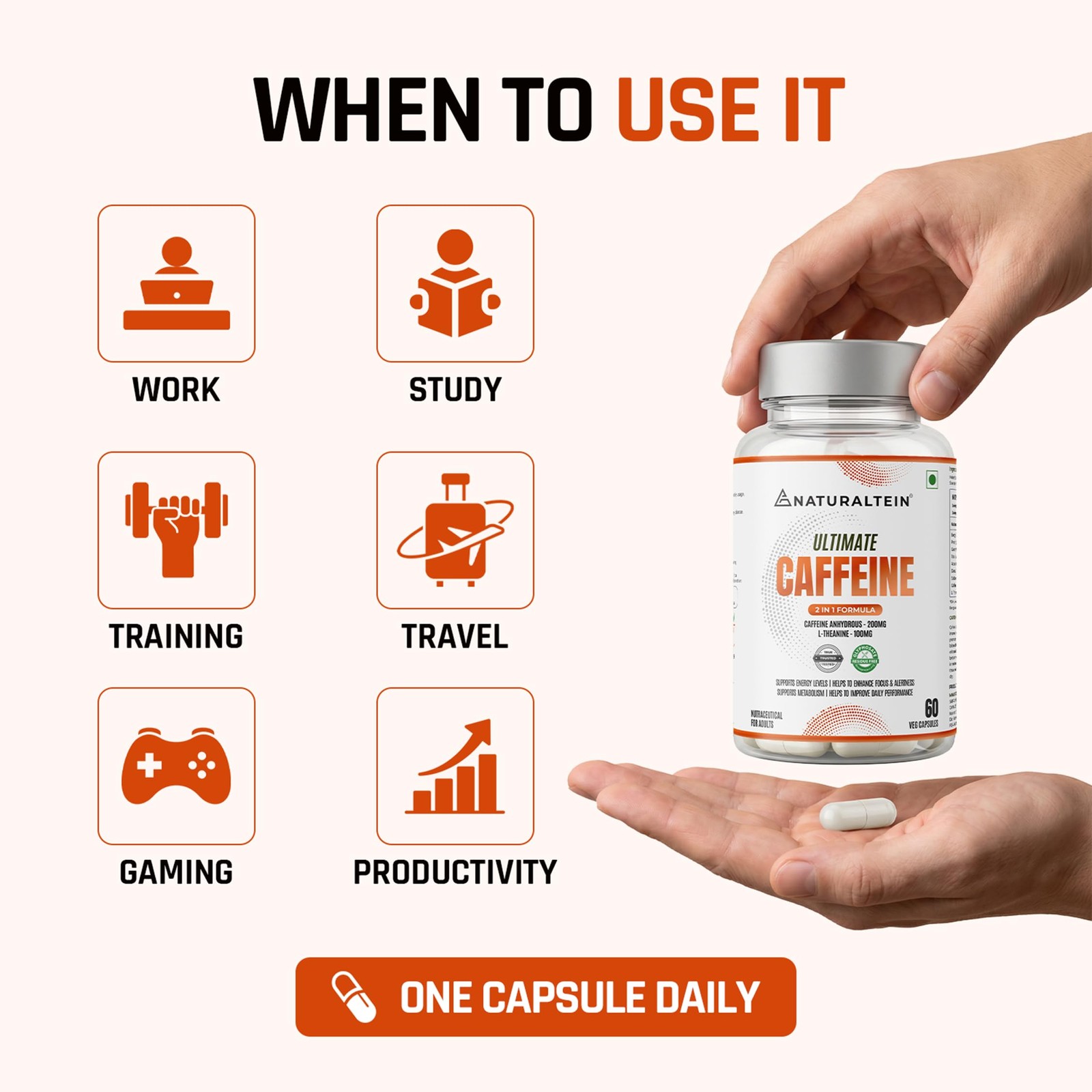 NATURALTEIN Ultimate Caffeine & L-Theanine 100mg | 60 Veg Capsules Energy Boost