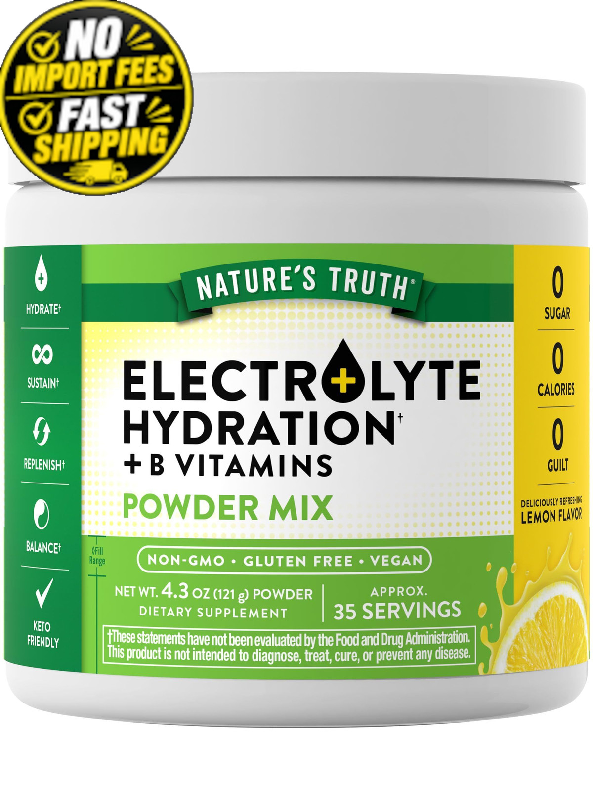 Nature’s Truth Electrolytes Powder | No Sugar | with B 4.3 Ounce (Pack of 1)