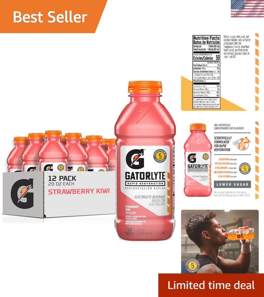 Gatolyte Electrolyte Drink – Strawberry Kiwi, 12 Pack, 20 fl oz – Low Sugar