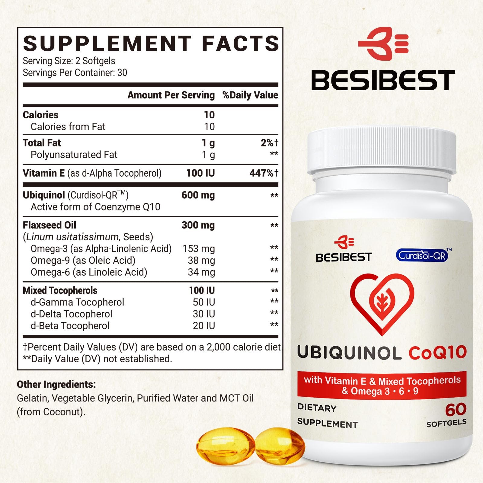 Ubiquinol CoQ10-600mg-Softgel, Active Coq10 Ubiquinol Supplement with Vitamin E