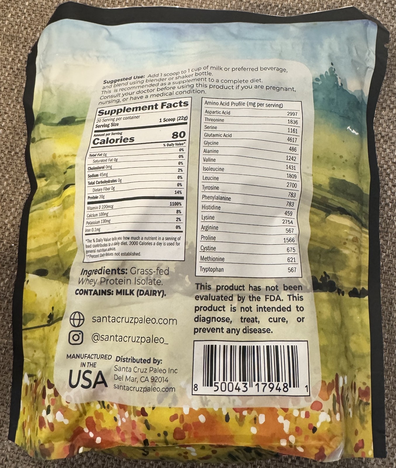 Santa Cruz Paleo Whey Protein Powder Unflavored 20 G Grass Fed Keto New .97lbs