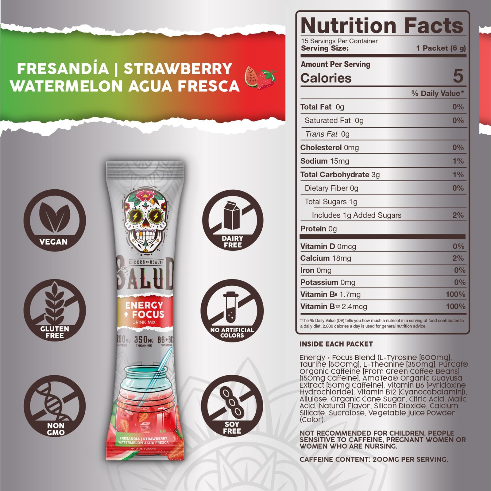 Salud 2-in-1 Energy Drink Powder + 15 Servings (Pack of 1), pinkish-red