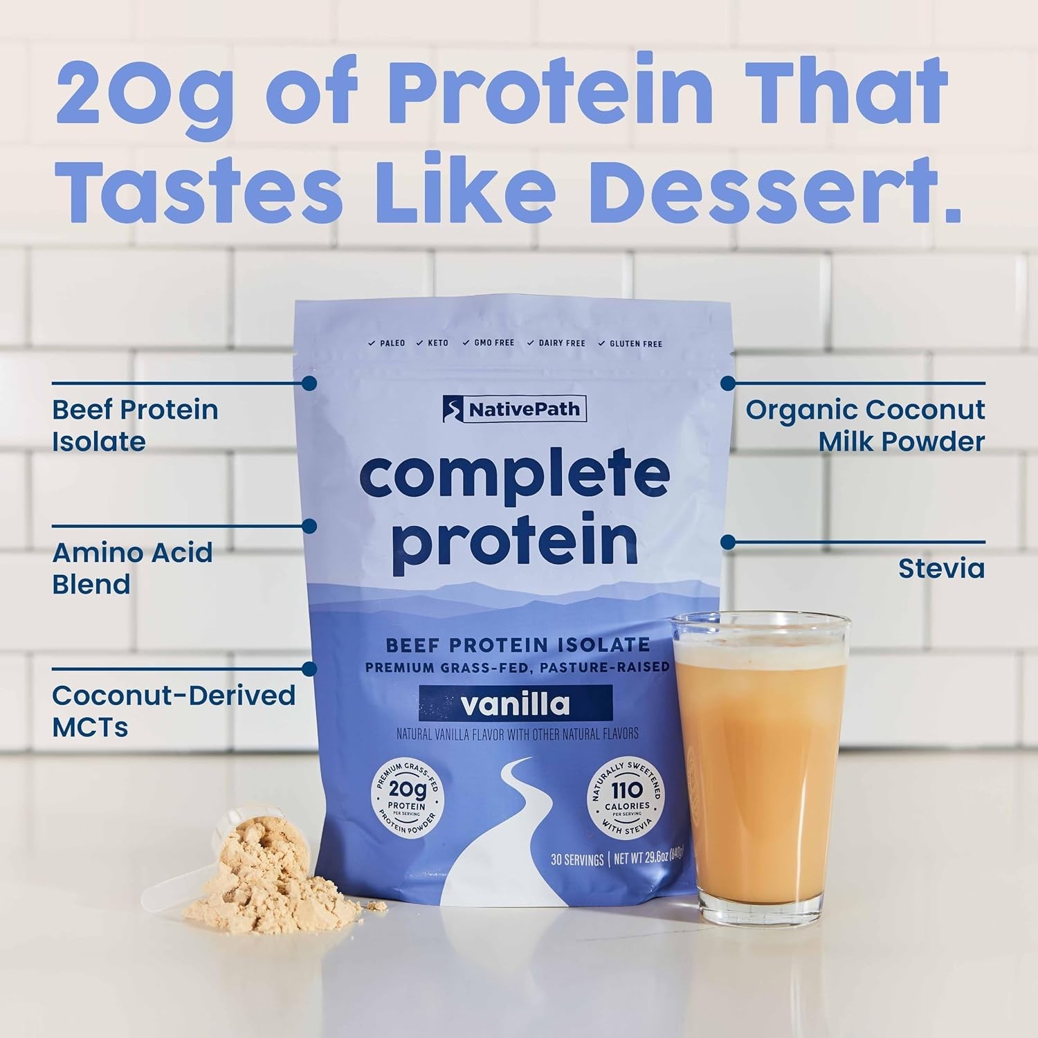 20g Grass-Fed Beef Protein Powder, Vanilla – 30 Servings, Dairy-Free